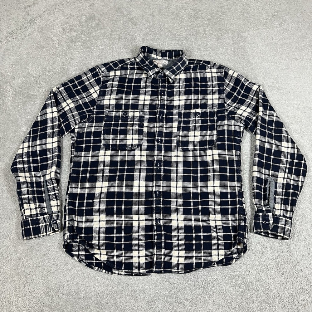 Wallace & Barnes Shirt Mens Medium Flannel Blue Plaid Heavyweight Pockets